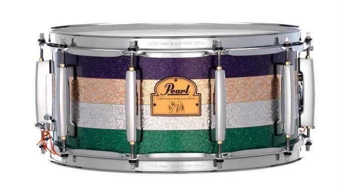 Barry Kerch Pearl snare drum: purple sparkle, champagne sparkle, silver sparkle and green sparkle bands with chrome hardware and Pearl badge